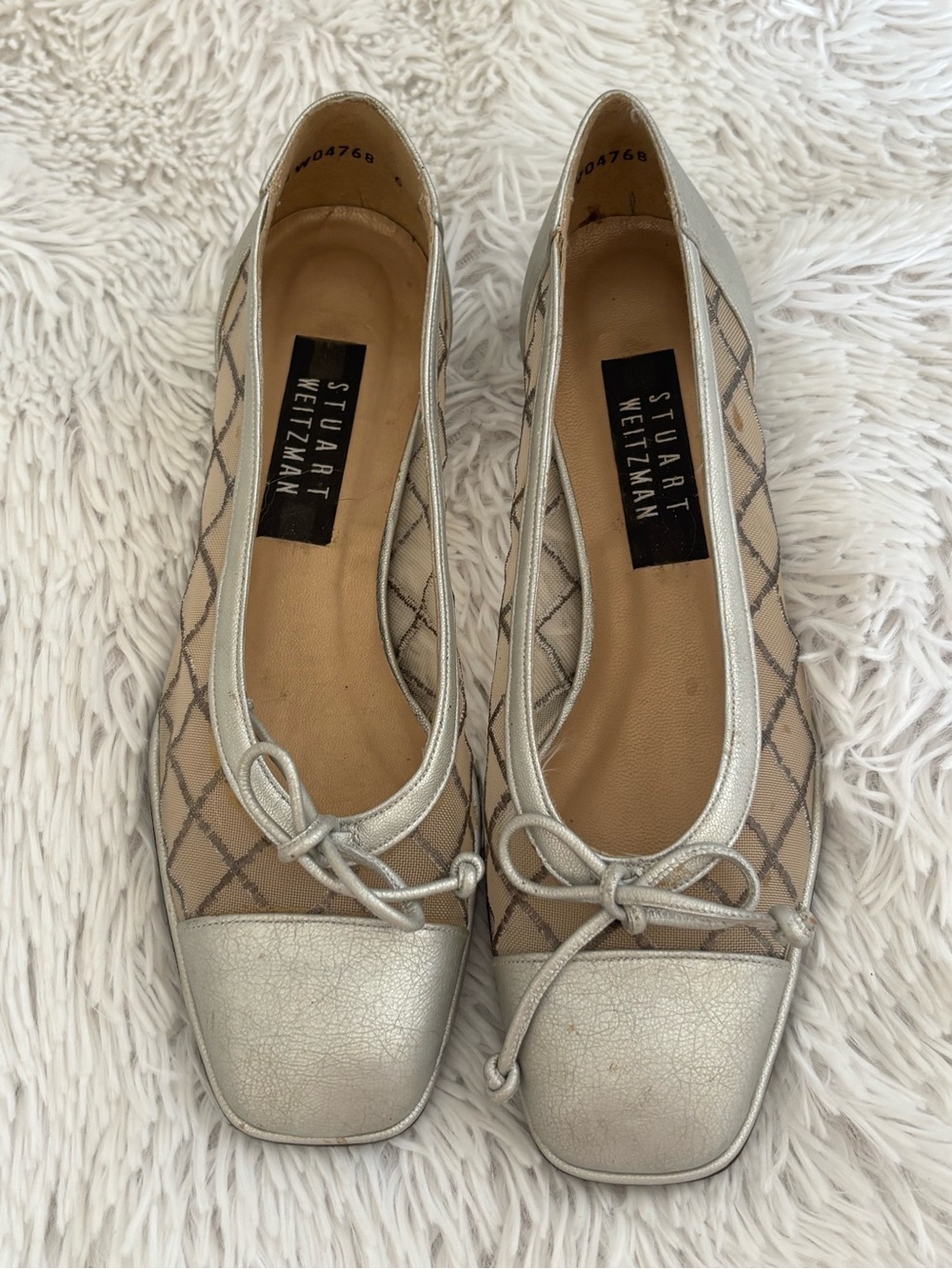 Stuart Weitzman Silver and Beige Quilted Ballet Flats
